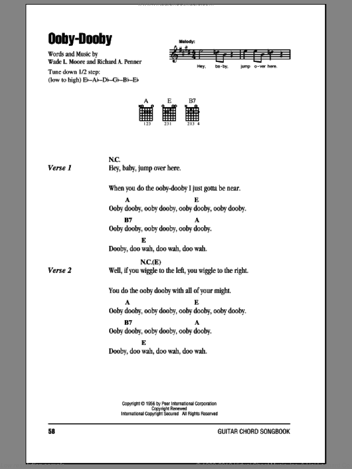 Ooby-Dooby sheet music for guitar (chords) by Roy Orbison, Richard A. Penner and Wade L. Moore, intermediate skill level