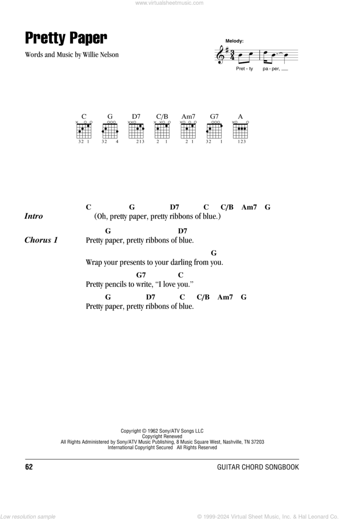 Pretty Paper sheet music for guitar (chords) by Roy Orbison and Willie Nelson, intermediate skill level