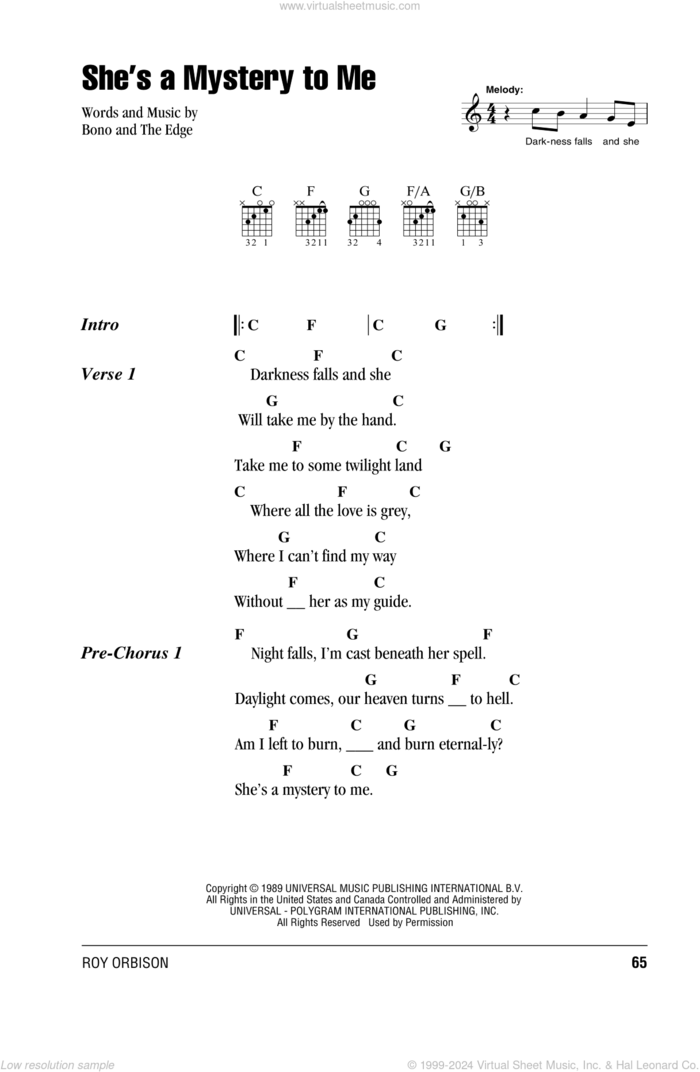 She's A Mystery To Me sheet music for guitar (chords) by Roy Orbison, U2, Bono and The Edge, intermediate skill level