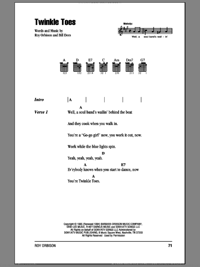 Twinkle Toes sheet music for guitar (chords) by Roy Orbison and Bill Dees, intermediate skill level