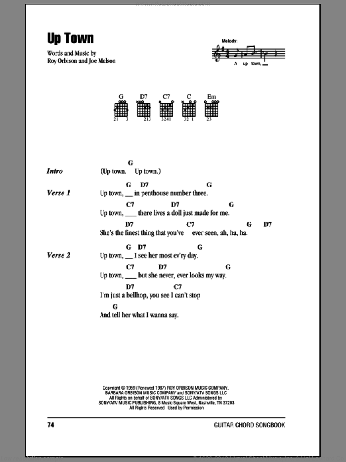 Up Town sheet music for guitar (chords) by Roy Orbison and Joe Melson, intermediate skill level