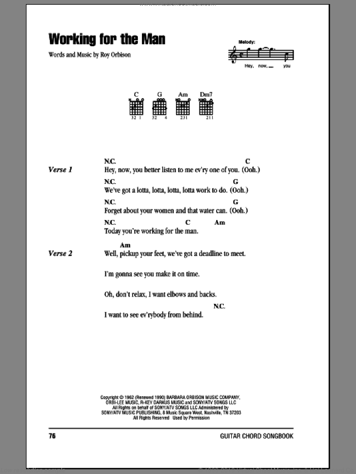 Working For The Man sheet music for guitar (chords) by Roy Orbison, intermediate skill level