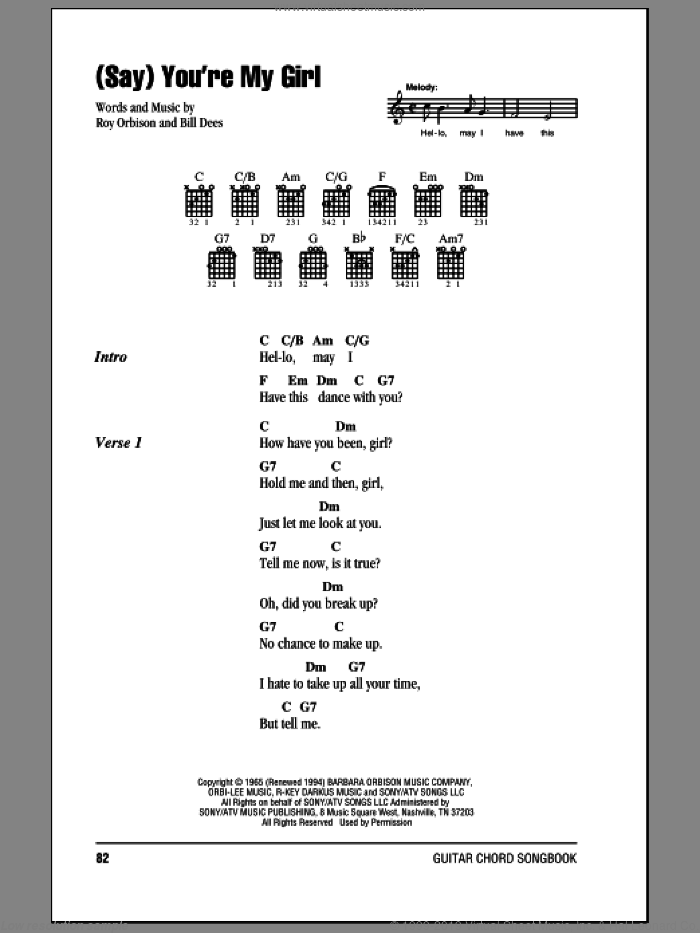 (Say) You're My Girl sheet music for guitar (chords) by Roy Orbison and Bill Dees, intermediate skill level