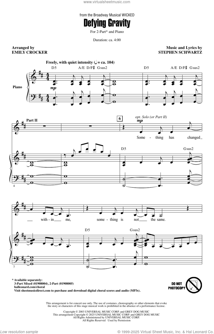 Defying Gravity (from Wicked) (arr. Emily Crocker) sheet music for choir (2-Part) by Stephen Schwartz and Emily Crocker, intermediate duet