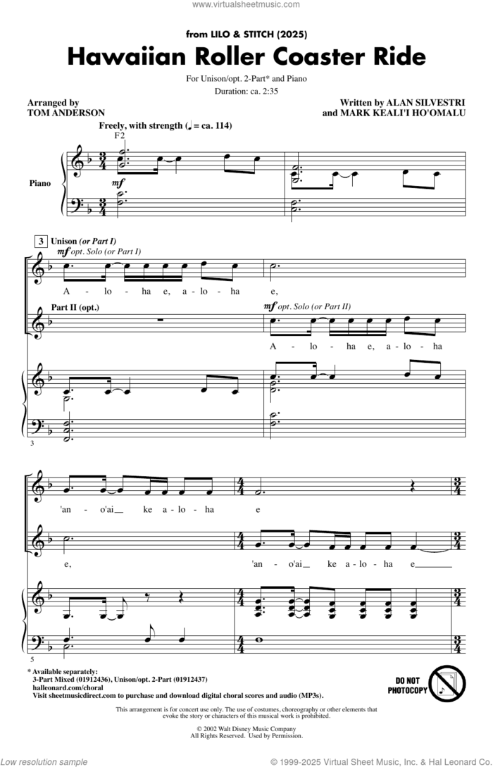 Hawaiian Roller Coaster Ride (from Lilo and Stitch) (2025) (arr. Tom Anderson) sheet music for choir (2-Part) by Alan Silvestri and Tom Anderson, intermediate duet