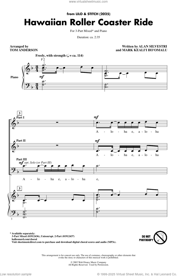 Hawaiian Roller Coaster Ride (from Lilo and Stitch) (2025) (arr. Tom Anderson) sheet music for choir (3-Part Mixed) by Alan Silvestri and Tom Anderson, intermediate skill level