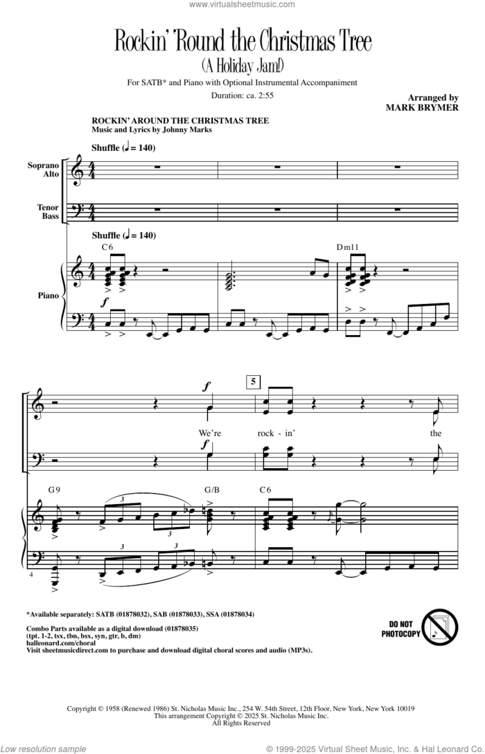 Rockin' 'Round The Christmas Tree (A Holiday Jam!) sheet music for choir (SATB: soprano, alto, tenor, bass)  and Mark Brymer, intermediate skill level