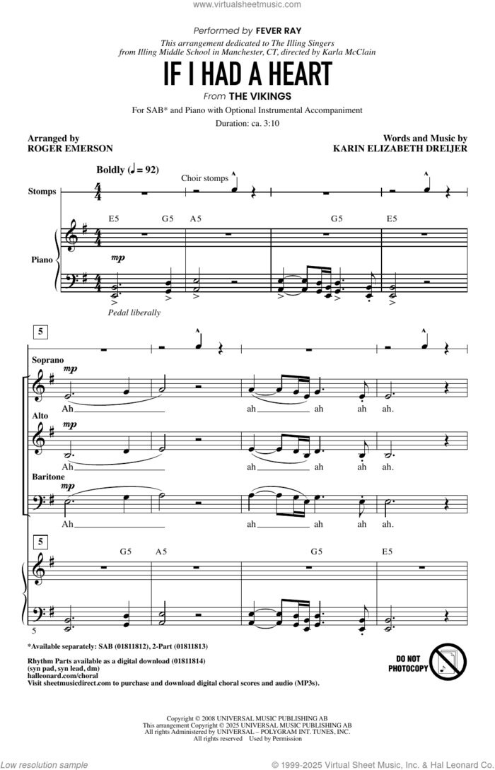 If I Had A Heart (arr. Roger Emerson) sheet music for choir (SAB: soprano, alto, bass) by Fever Ray, Roger Emerson and Karin Elizabeth Dreijer, intermediate skill level