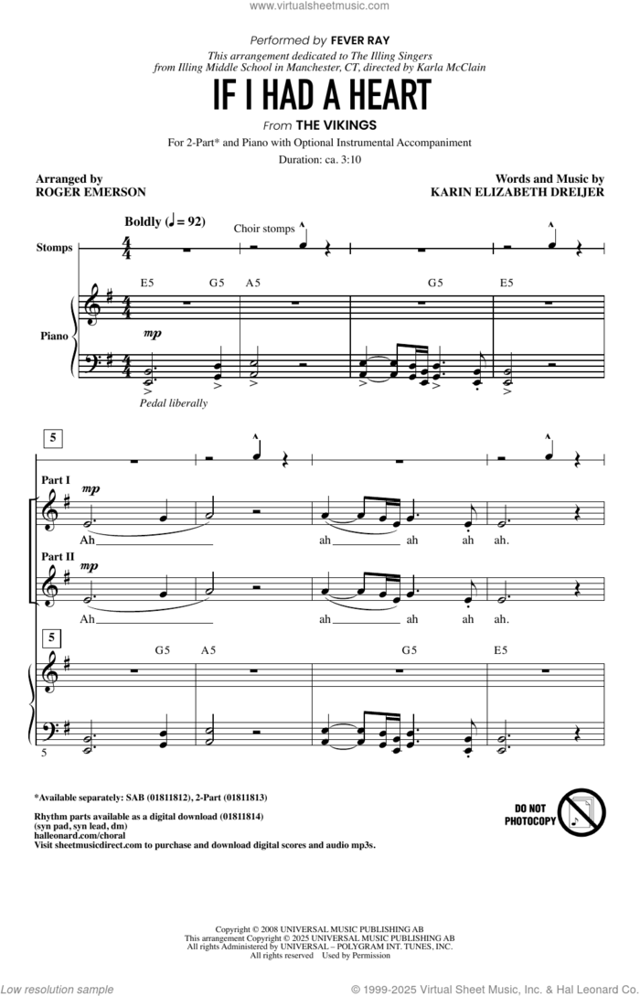 If I Had A Heart (arr. Roger Emerson) sheet music for choir (2-Part) by Fever Ray, Roger Emerson and Karin Elizabeth Dreijer, intermediate duet