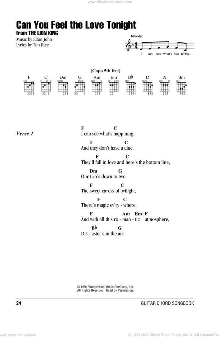 Can You Feel The Love Tonight (from The Lion King) sheet music for guitar (chords) by Elton John and Tim Rice, wedding score, intermediate skill level