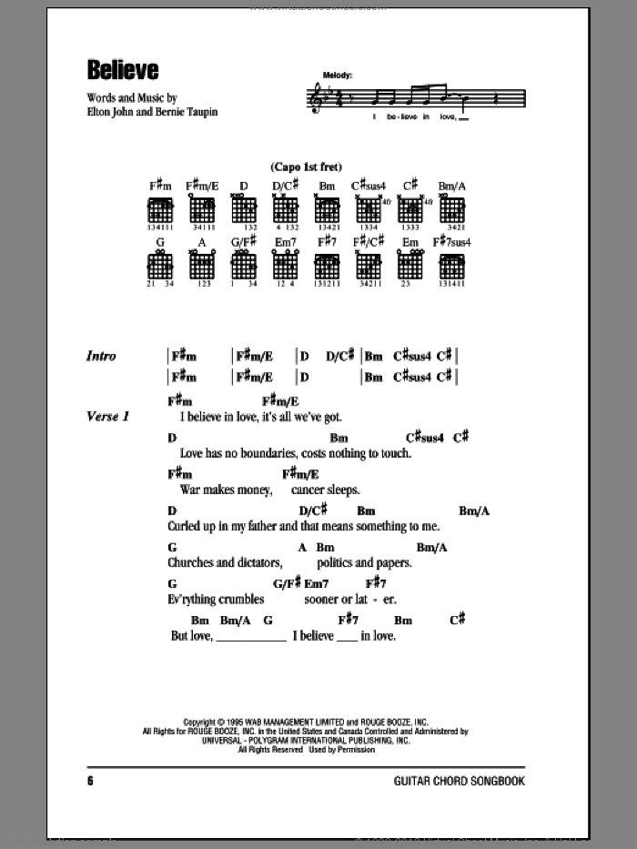 Believe sheet music for guitar (chords) by Elton John and Bernie Taupin, intermediate skill level