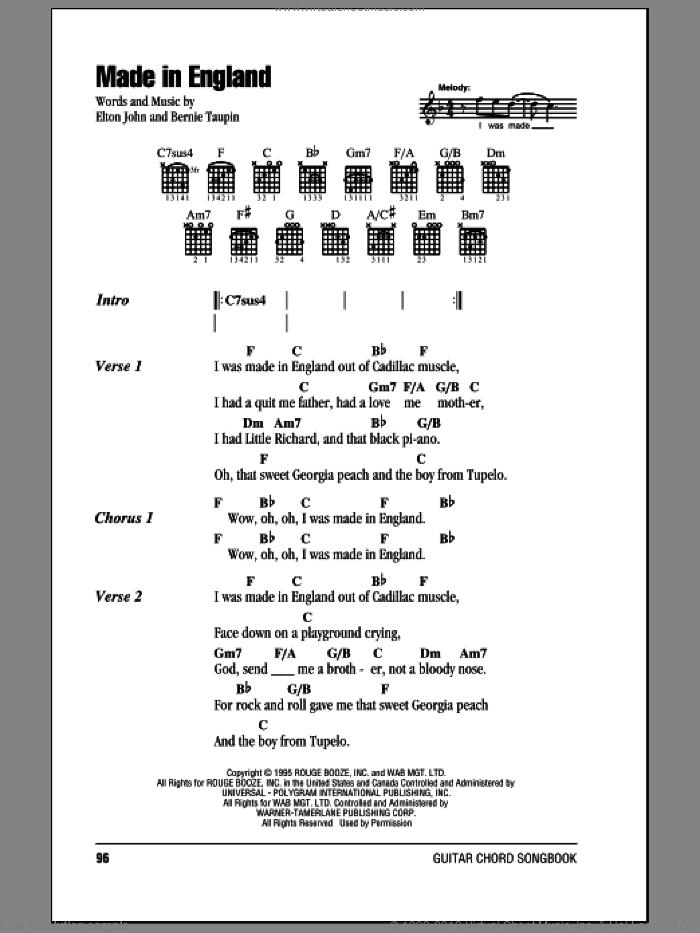 Made In England sheet music for guitar (chords) by Elton John and Bernie Taupin, intermediate skill level