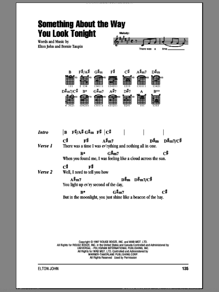 Something About The Way You Look Tonight sheet music for guitar (chords) by Elton John and Bernie Taupin, intermediate skill level