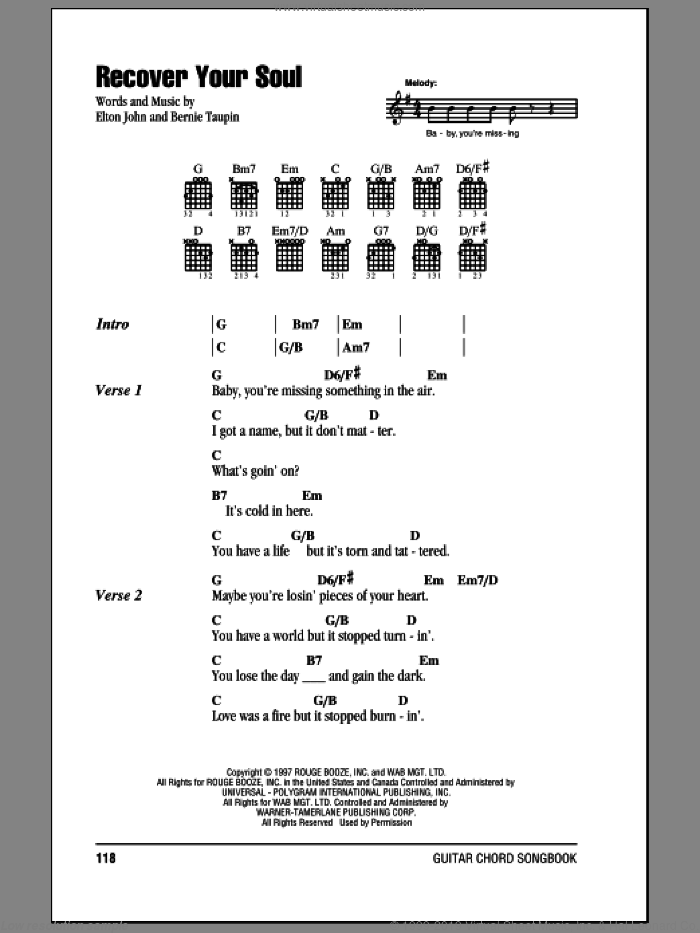 Recover Your Soul sheet music for guitar (chords) by Elton John and Bernie Taupin, intermediate skill level