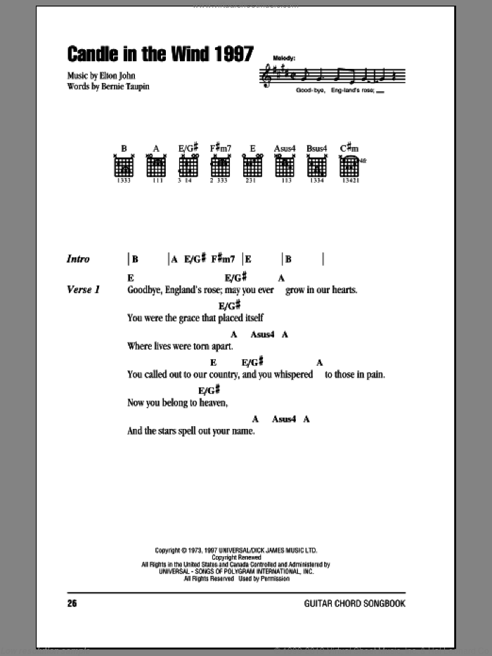Candle In The Wind 1997 sheet music for guitar (chords) by Elton John and Bernie Taupin, intermediate skill level