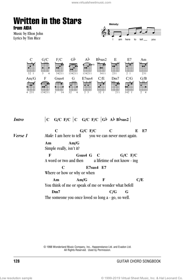 Written In The Stars (from Aida) sheet music for guitar (chords) by Elton John and Tim Rice, intermediate skill level