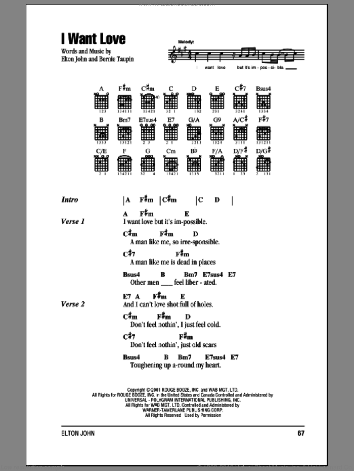 I Want Love sheet music for guitar (chords) by Elton John and Bernie Taupin, intermediate skill level