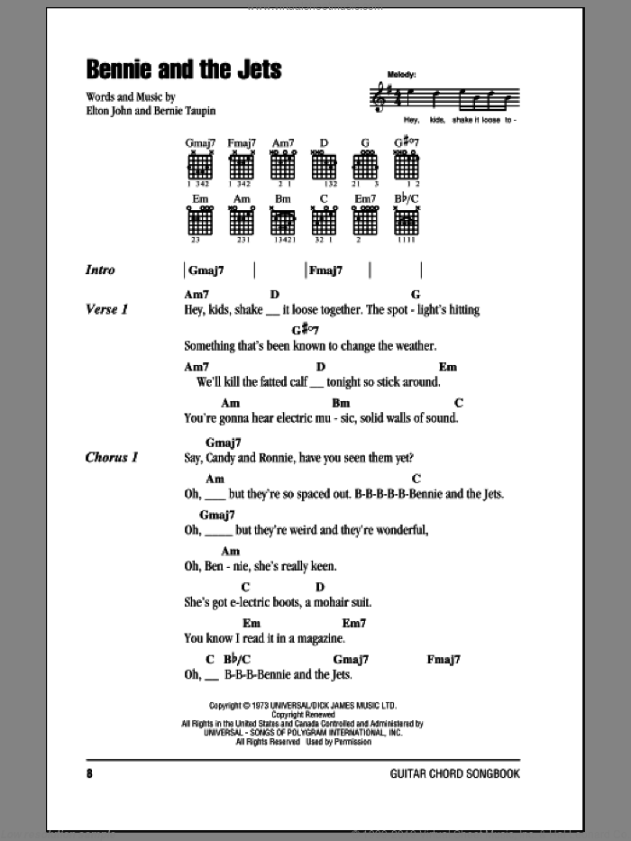 Bennie And The Jets sheet music for guitar (chords) by Elton John and Bernie Taupin, intermediate skill level