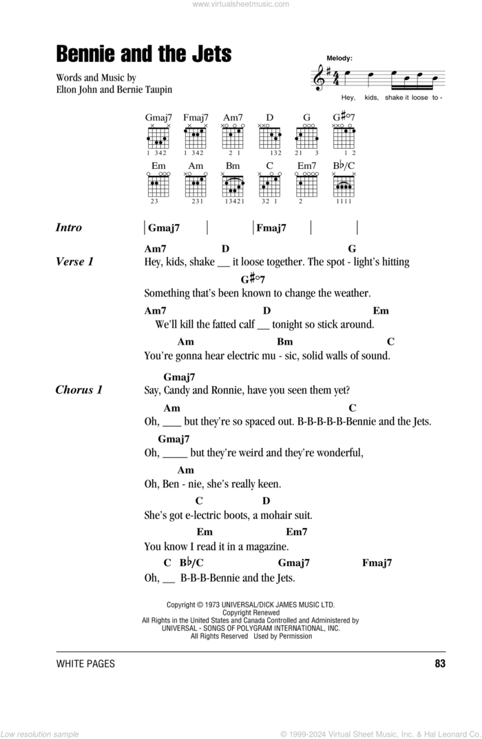 Bennie And The Jets sheet music for guitar (chords) by Elton John and Bernie Taupin, intermediate skill level