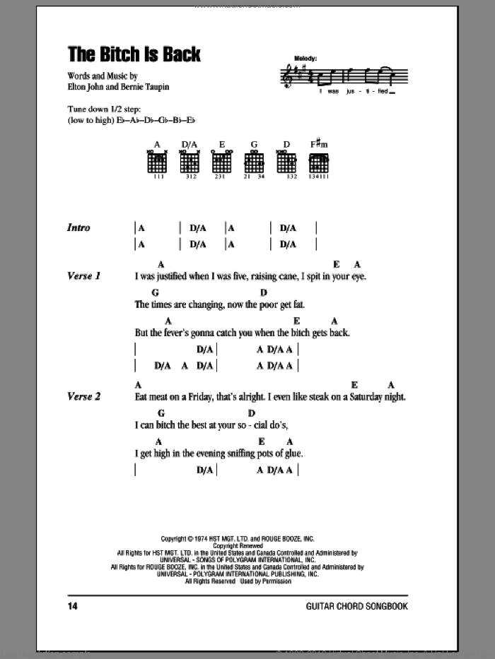 The Bitch Is Back sheet music for guitar (chords) by Elton John and Bernie Taupin, intermediate skill level