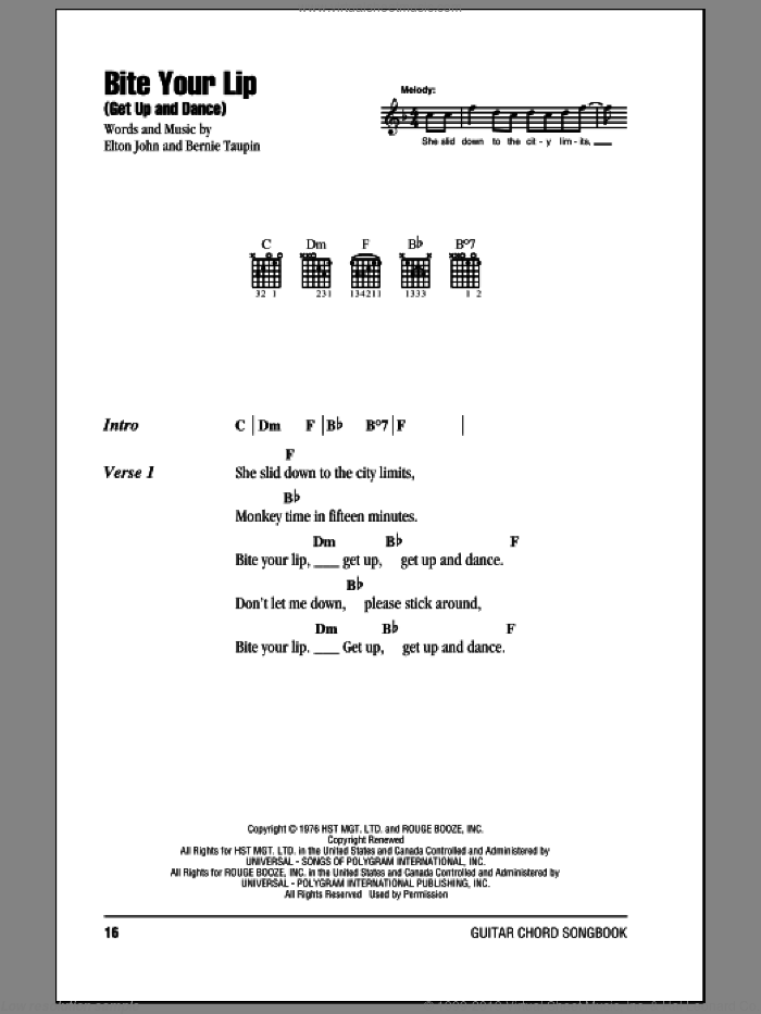 Bite Your Lip (Get Up And Dance) sheet music for guitar (chords) by Elton John and Bernie Taupin, intermediate skill level