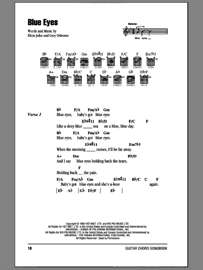 Blue Eyes sheet music for guitar (chords) by Elton John and Gary Osborne, intermediate skill level