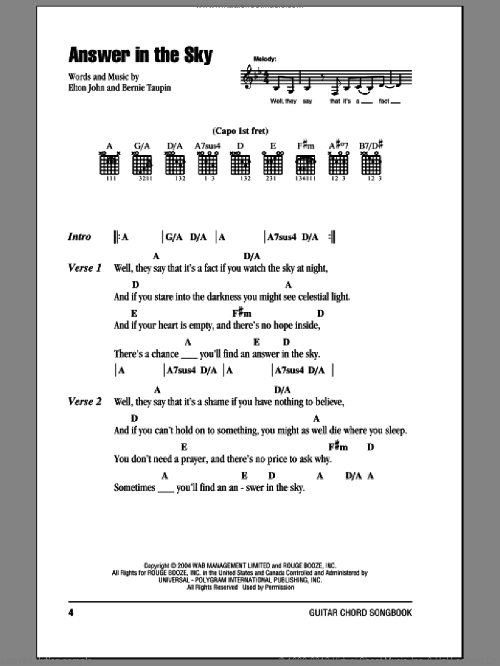 Answer In The Sky sheet music for guitar (chords) by Elton John and Bernie Taupin, intermediate skill level