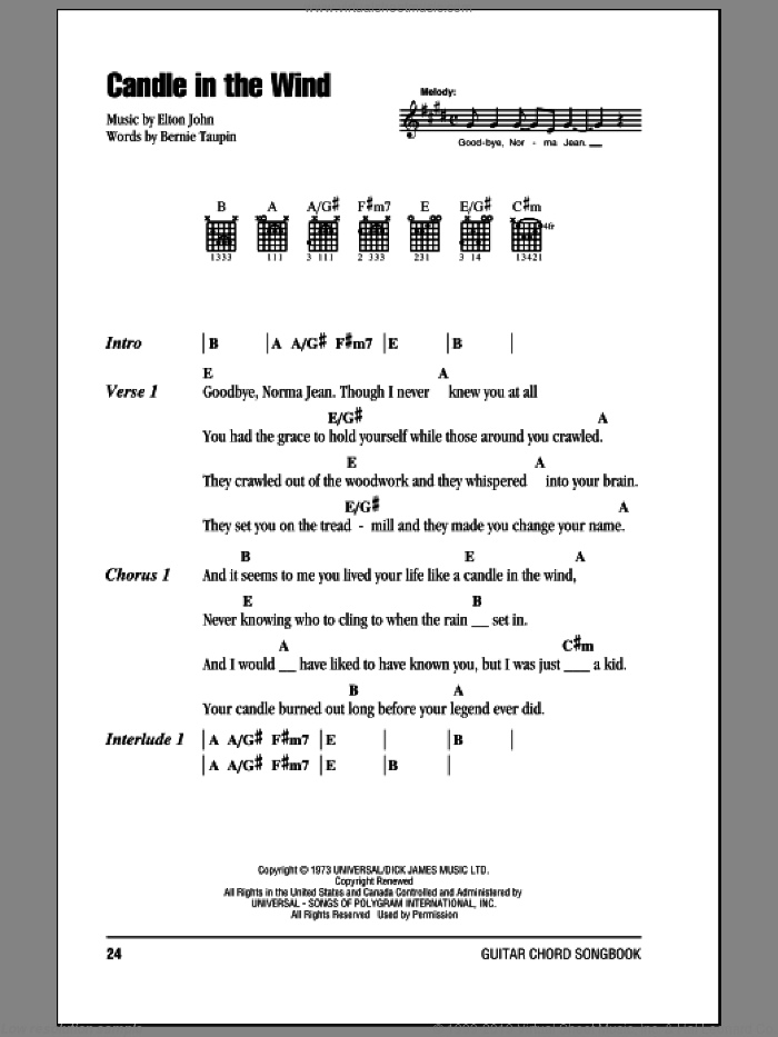 Candle In The Wind sheet music for guitar (chords) by Elton John and Bernie Taupin, intermediate skill level