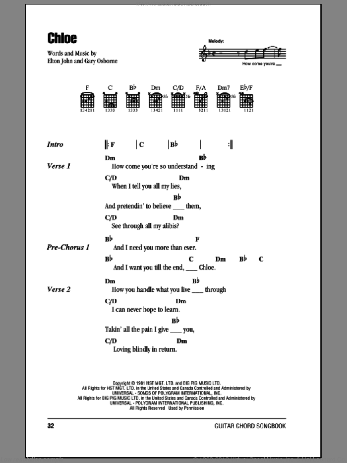 Chloe sheet music for guitar (chords) by Elton John and Gary Osborne, intermediate skill level