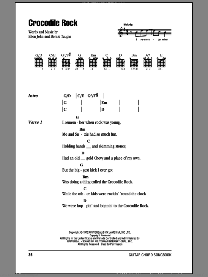 Crocodile Rock sheet music for guitar (chords) by Elton John and Bernie Taupin, intermediate skill level