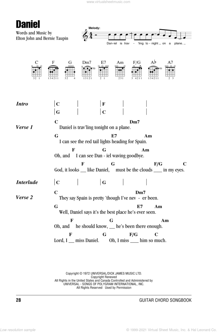 Daniel sheet music for guitar (chords) by Elton John and Bernie Taupin, intermediate skill level