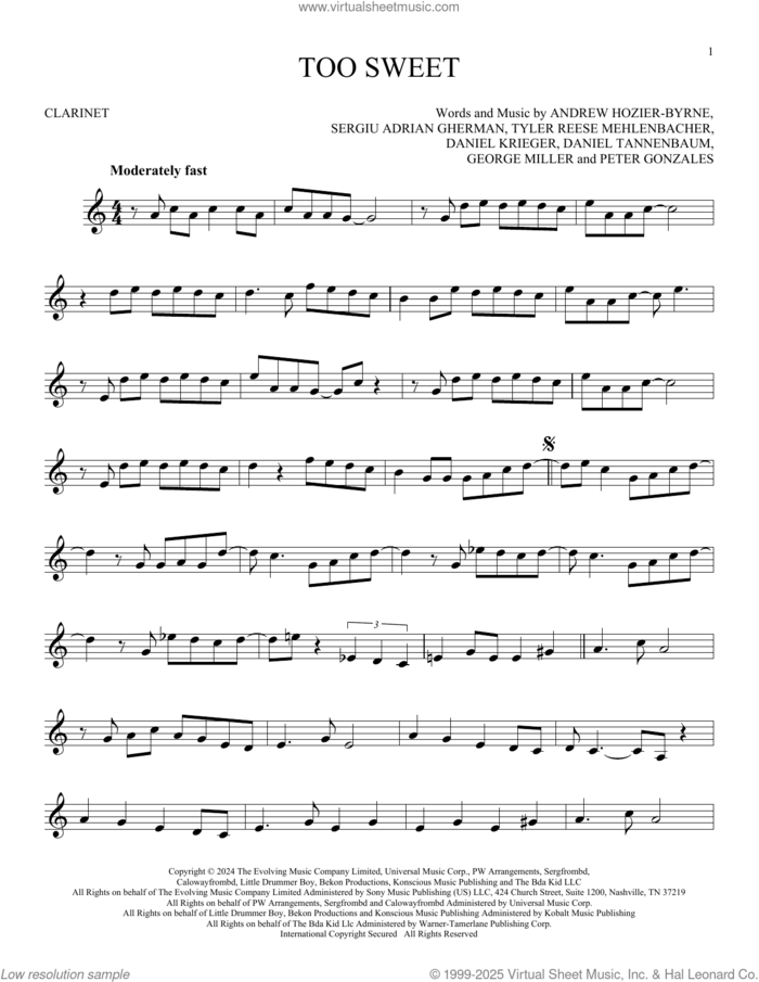 Too Sweet sheet music for clarinet solo by Hozier, Andrew Hozier-Byrne, Daniel Krieger, Daniel Tannenbaum, George Miller, Peter Gonzales, Sergiu Adrian Gherman and Tyler Reese Mehlenbacher, intermediate skill level