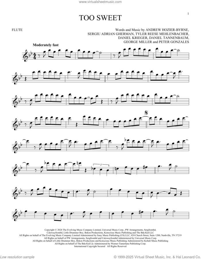 Too Sweet sheet music for flute solo by Hozier, Andrew Hozier-Byrne, Daniel Krieger, Daniel Tannenbaum, George Miller, Peter Gonzales, Sergiu Adrian Gherman and Tyler Reese Mehlenbacher, intermediate skill level