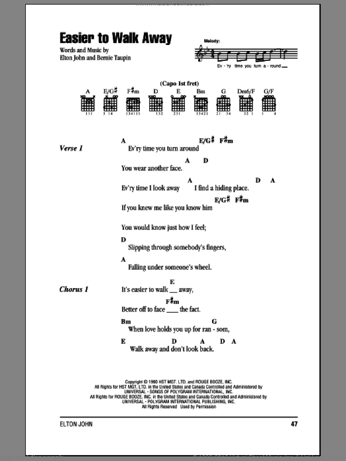 Easier To Walk Away sheet music for guitar (chords) by Elton John and Bernie Taupin, intermediate skill level