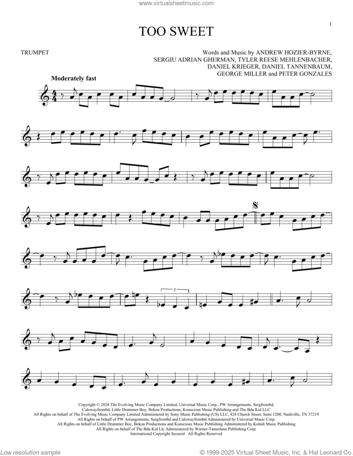 Too Sweet sheet music for trumpet solo by Hozier, Andrew Hozier-Byrne, Daniel Krieger, Daniel Tannenbaum, George Miller, Peter Gonzales, Sergiu Adrian Gherman and Tyler Reese Mehlenbacher, intermediate skill level