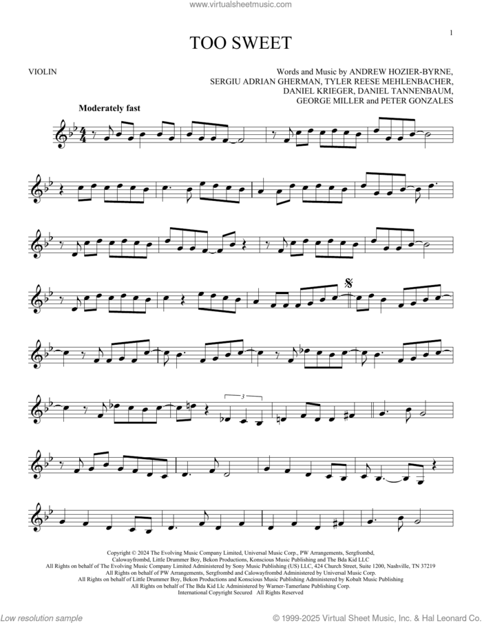 Too Sweet sheet music for violin solo by Hozier, Andrew Hozier-Byrne, Daniel Krieger, Daniel Tannenbaum, George Miller, Peter Gonzales, Sergiu Adrian Gherman and Tyler Reese Mehlenbacher, intermediate skill level