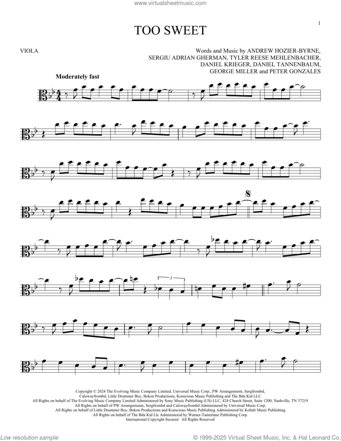 Too Sweet sheet music for viola solo by Hozier, Andrew Hozier-Byrne, Daniel Krieger, Daniel Tannenbaum, George Miller, Peter Gonzales, Sergiu Adrian Gherman and Tyler Reese Mehlenbacher, intermediate skill level