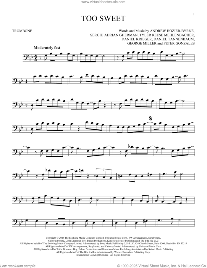 Too Sweet sheet music for trombone solo by Hozier, Andrew Hozier-Byrne, Daniel Krieger, Daniel Tannenbaum, George Miller, Peter Gonzales, Sergiu Adrian Gherman and Tyler Reese Mehlenbacher, intermediate skill level