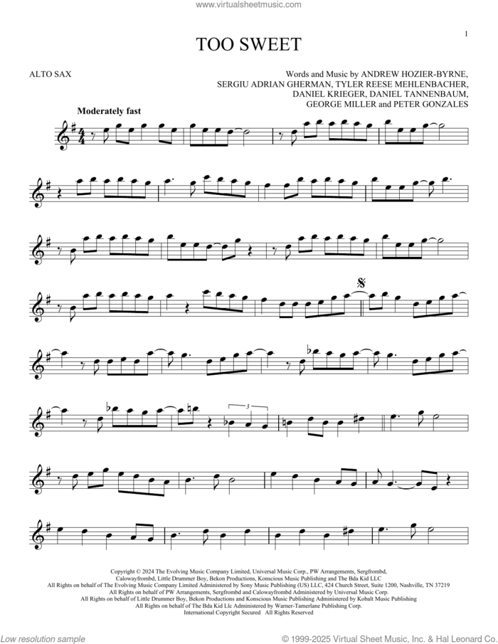 Too Sweet sheet music for alto saxophone solo by Hozier, Andrew Hozier-Byrne, Daniel Krieger, Daniel Tannenbaum, George Miller, Peter Gonzales, Sergiu Adrian Gherman and Tyler Reese Mehlenbacher, intermediate skill level