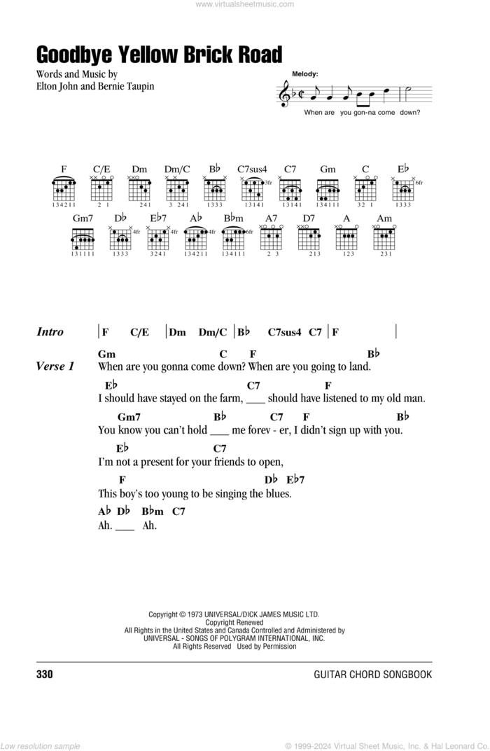 Goodbye Yellow Brick Road sheet music for guitar (chords) by Elton John and Bernie Taupin, intermediate skill level