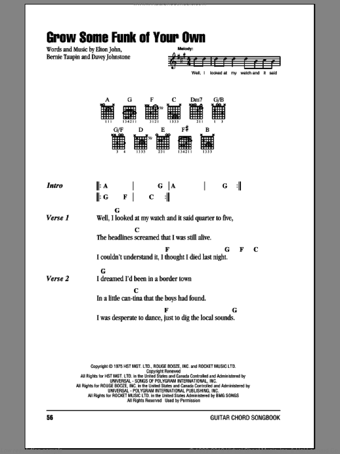 Grow Some Funk Of Your Own sheet music for guitar (chords) by Elton John, Bernie Taupin and Davey Johnstone, intermediate skill level