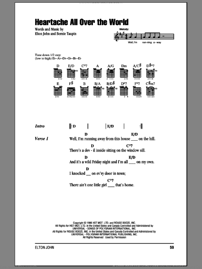 Heartache All Over The World sheet music for guitar (chords) by Elton John and Bernie Taupin, intermediate skill level