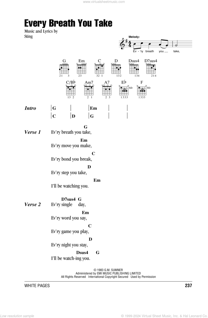 Every Breath You Take sheet music for guitar (chords) by The Police and Sting, intermediate skill level