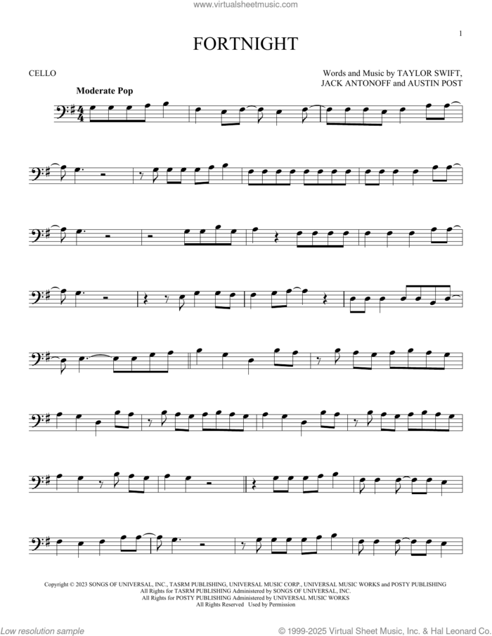 Fortnight (feat. Post Malone) sheet music for cello solo by Taylor Swift, Austin Post and Jack Antonoff, intermediate skill level