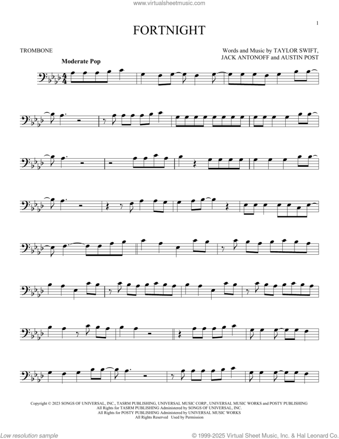 Fortnight (feat. Post Malone) sheet music for trombone solo by Taylor Swift, Austin Post and Jack Antonoff, intermediate skill level