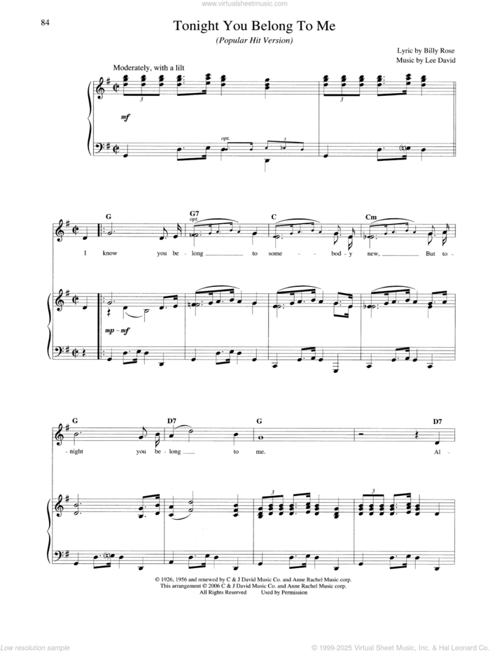 Tonight You Belong To Me sheet music for voice, piano or guitar by Patience & Prudence, Billy Rose and Lee David, intermediate skill level