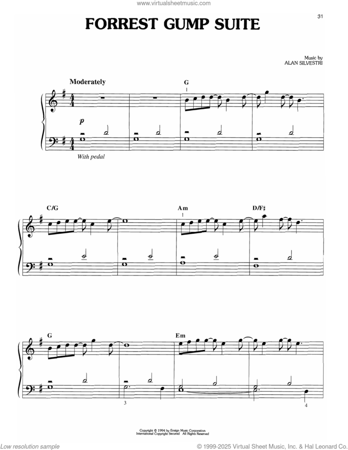 Forrest Gump Suite, (easy) sheet music for piano solo by Alan Silvestri, easy skill level