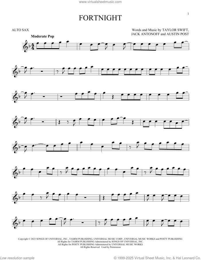 Fortnight (feat. Post Malone) sheet music for alto saxophone solo by Taylor Swift, Austin Post and Jack Antonoff, intermediate skill level