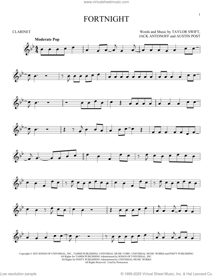 Fortnight (feat. Post Malone) sheet music for clarinet solo by Taylor Swift, Austin Post and Jack Antonoff, intermediate skill level