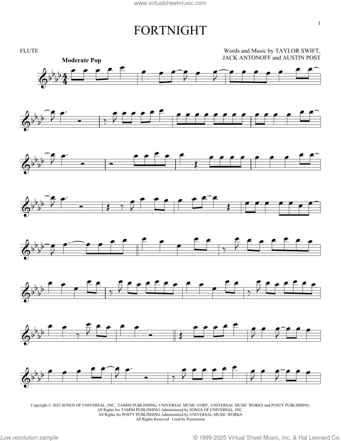 Fortnight (feat. Post Malone) sheet music for flute solo by Taylor Swift, Austin Post and Jack Antonoff, intermediate skill level